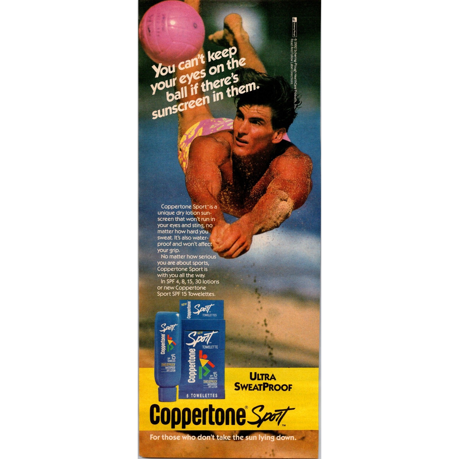 Coppertone Sport Untra Sweat Proof SPF 15 Towelettes 1992 Ad SI10