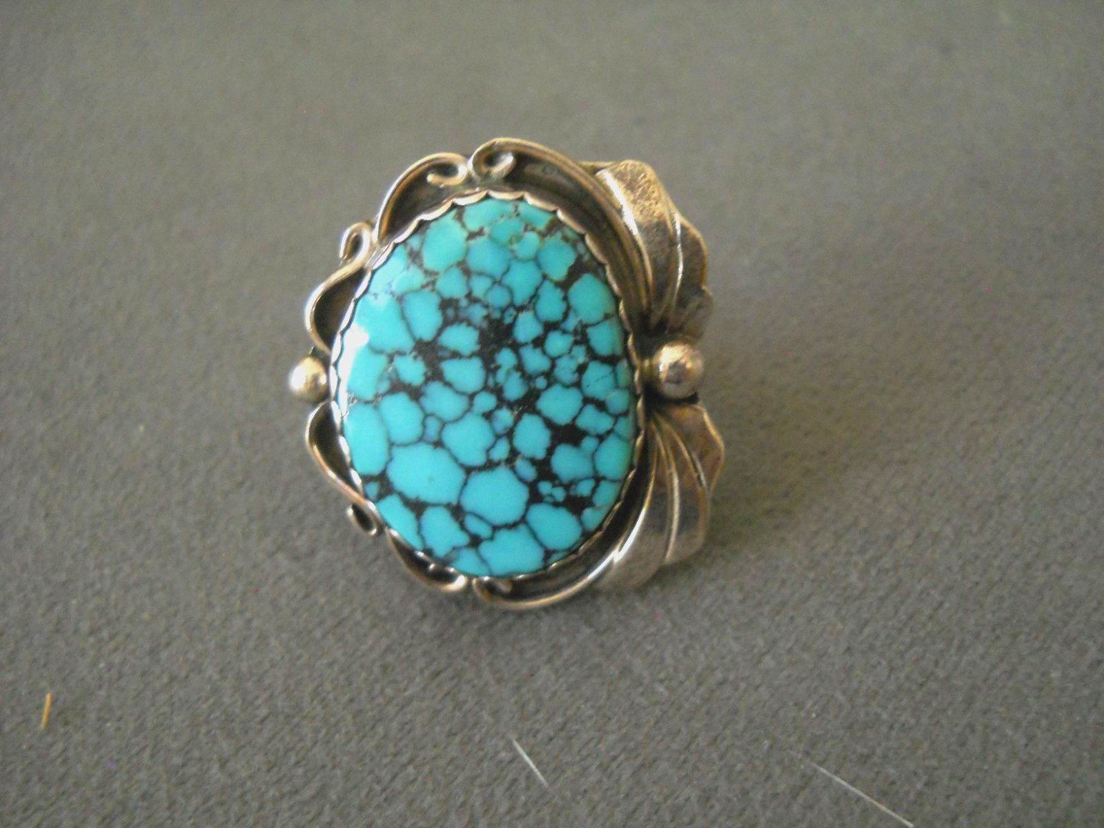 SIGNED Native American Navajo Blue Spiderweb Turquoise Sterling Silver Ring 8.5