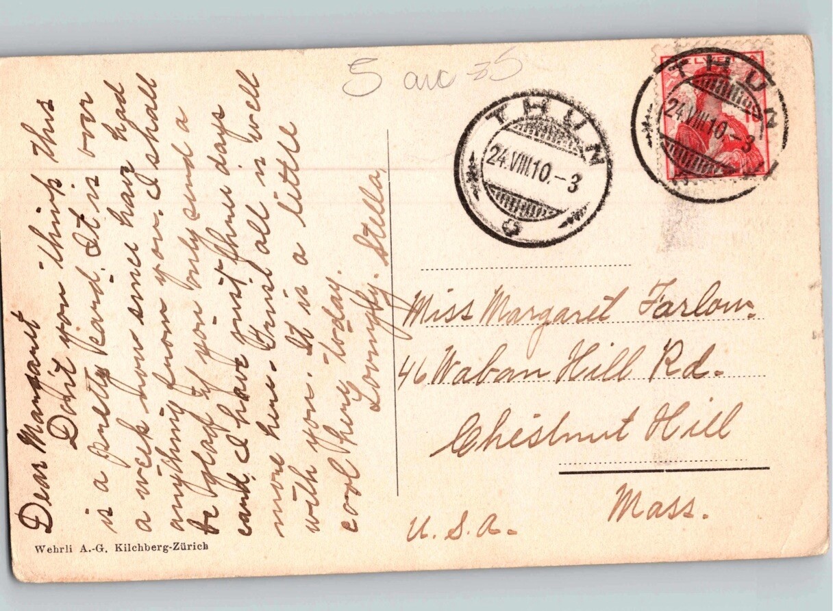 c1910 Thun Switzerland To Chestnut Hill Massachusetts MA Auf Beatenberg Postcard