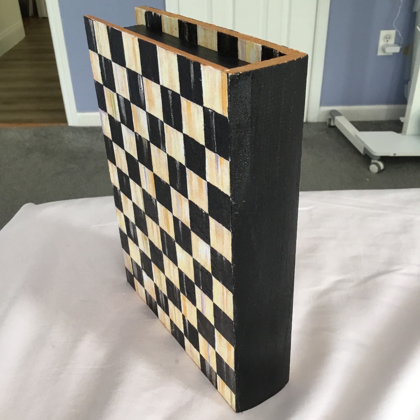 MacKenzie-Childs INSPIRED WOOD BOOK DECOUPAGED WITH COURTLY CHECK 10 X 7 INCHES MacKenzie-Childs INSPIRED WOOD BOOK DECOUPAGED WITH COURTLY CHECK 10 X 7 INCHES
