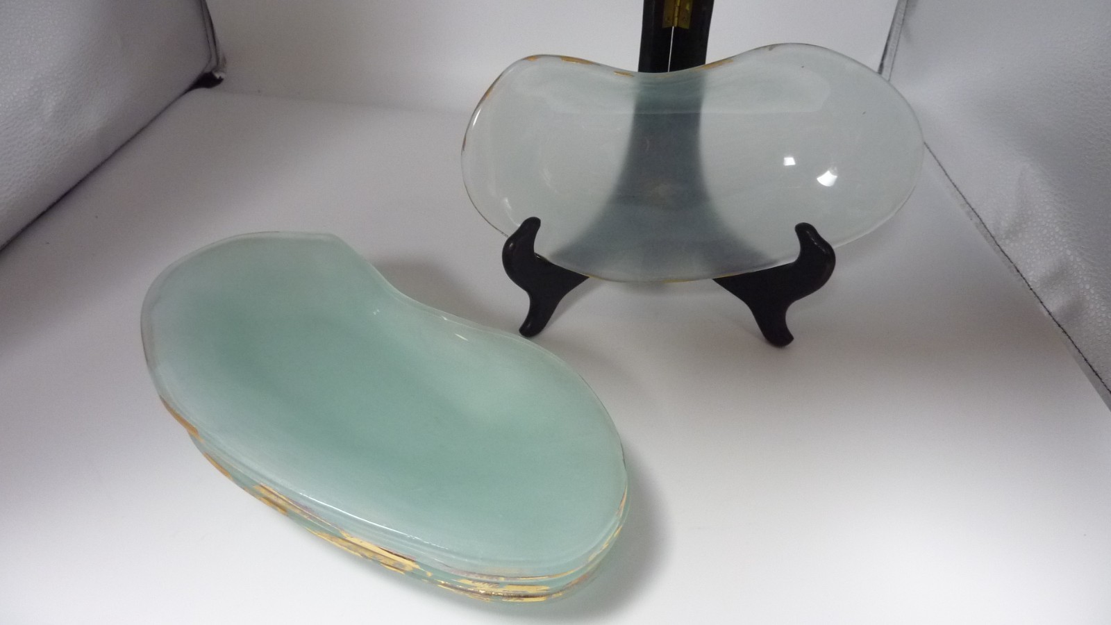 Annie Glass Frosted Aquamarine with Brushed Gold 8 3/4 cresent  Signed  set 8