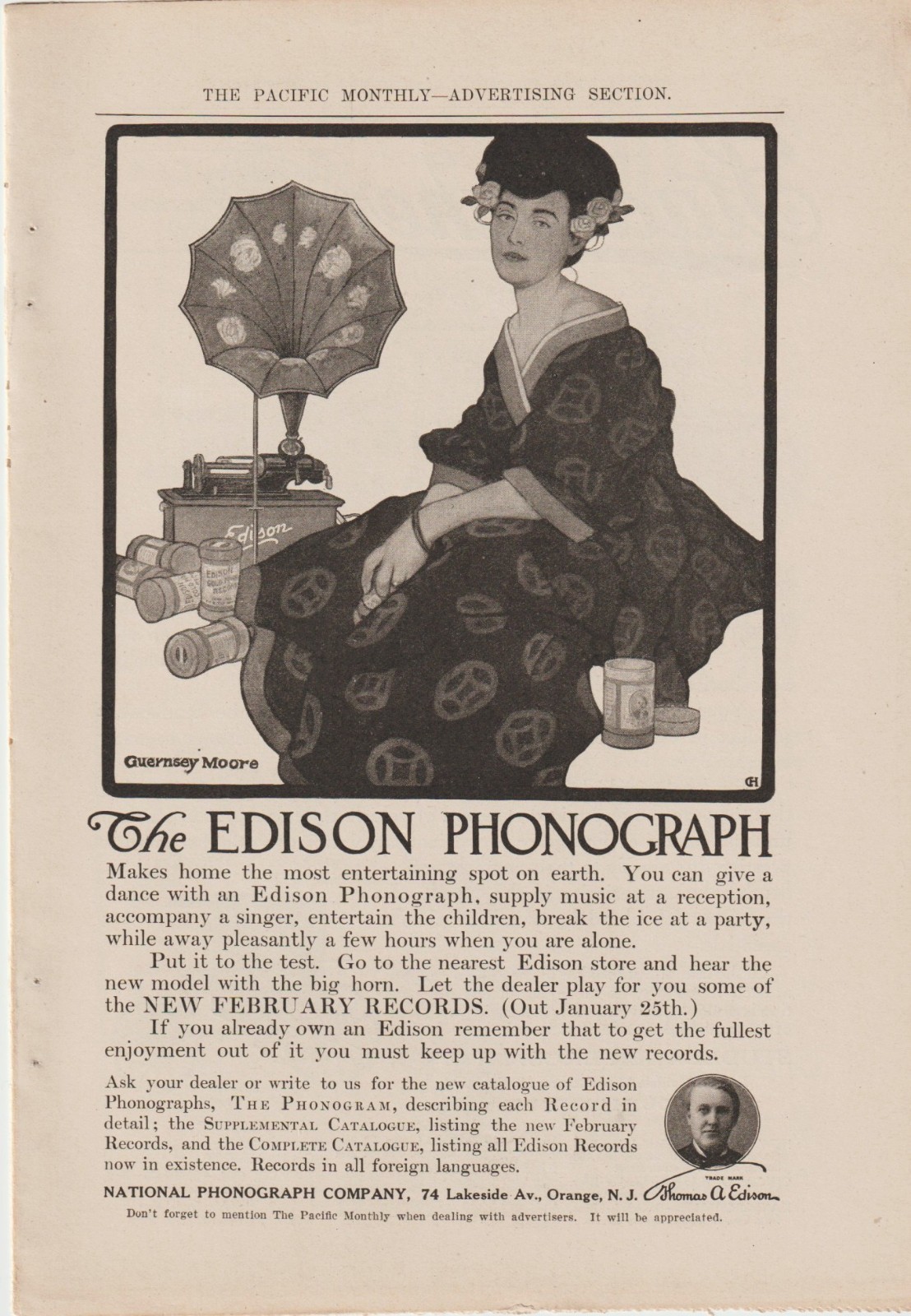 1908 EDISON PHONOGRAPH AD-GUERNSEY MOORE ARTWORK