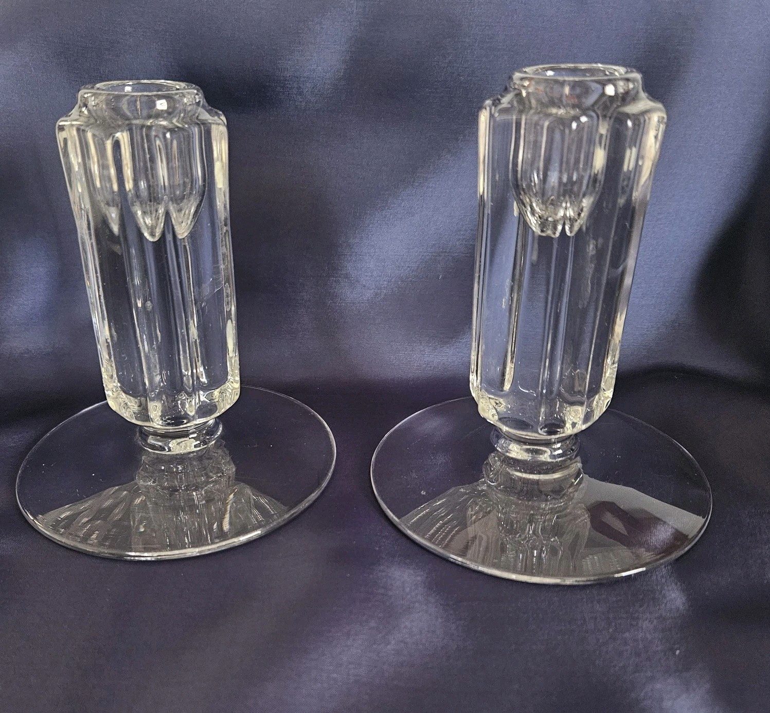 2 Pair Glass Candlestick Holders Art Deco Style Clear Ribbed 4.5 2 Pair Glass Candlestick Holders Art Deco Style Clear Ribbed 4.5