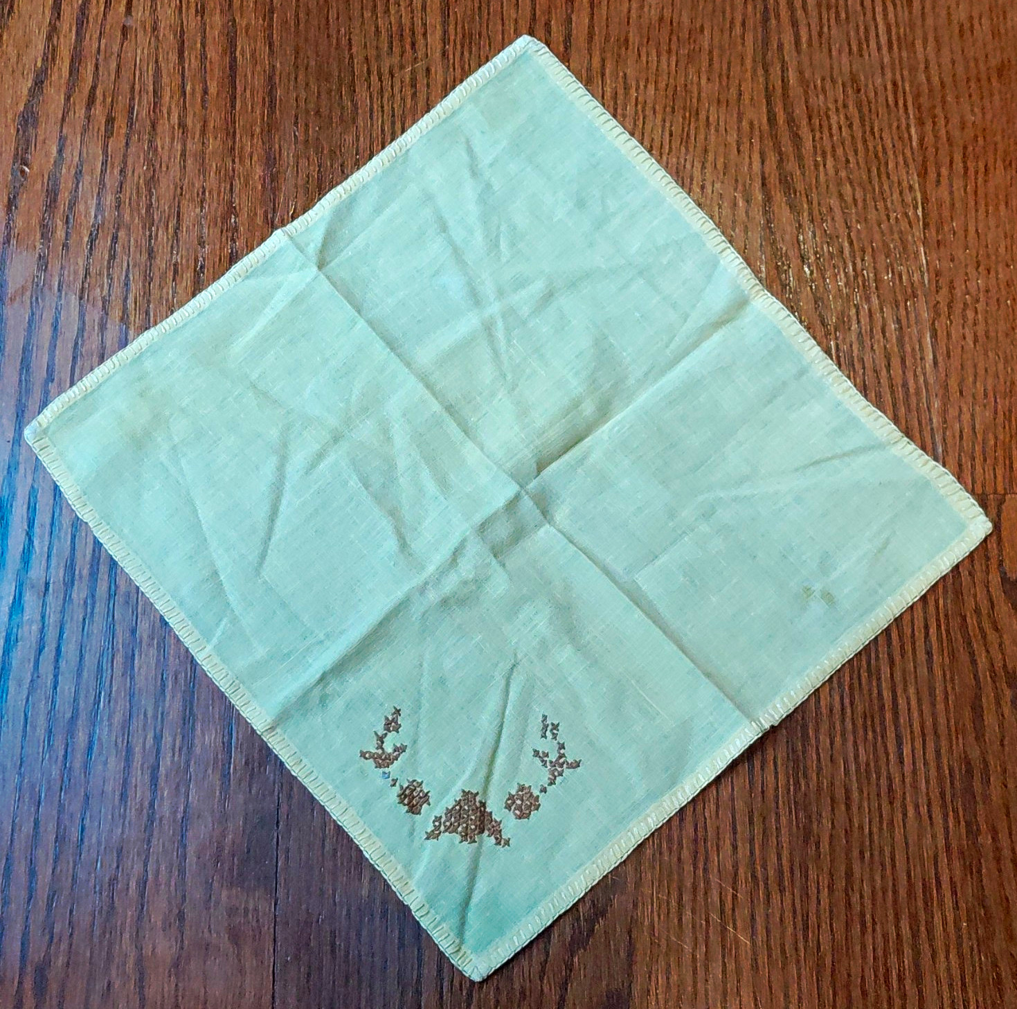 Vtg Yellow & Brown Cloth Handkerchief, Embroidered Floral Corner, Stitched Edge
