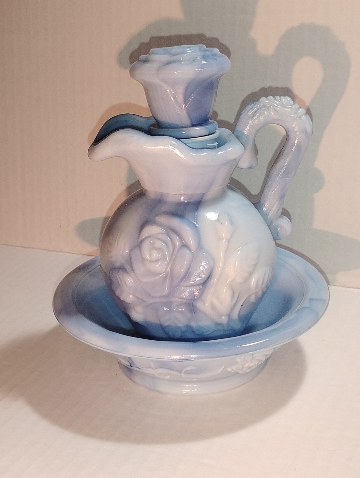 1978 Avon Victoriana Blue Slag Glass Pitcher Basin Set Decanter