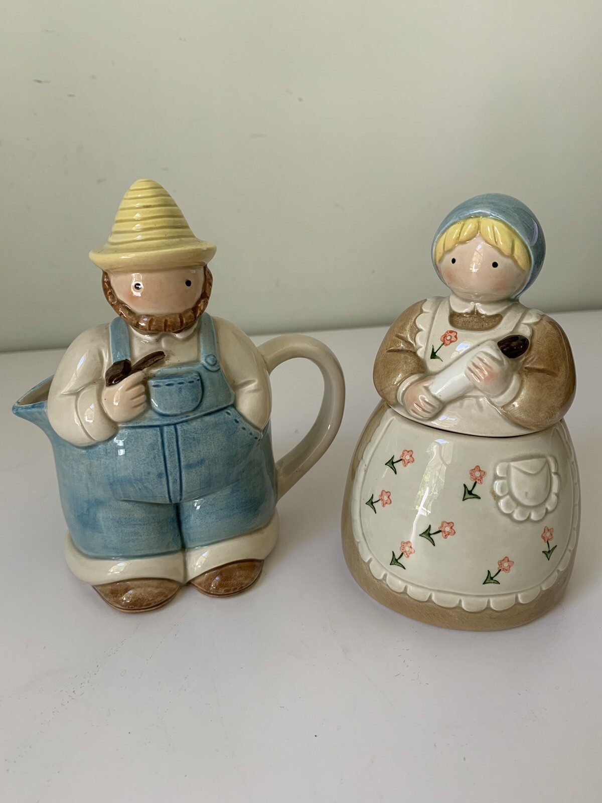 Otagiri Japan Ceramic Hand Painted Dutch Farm Couple Creamer and Sugar Set