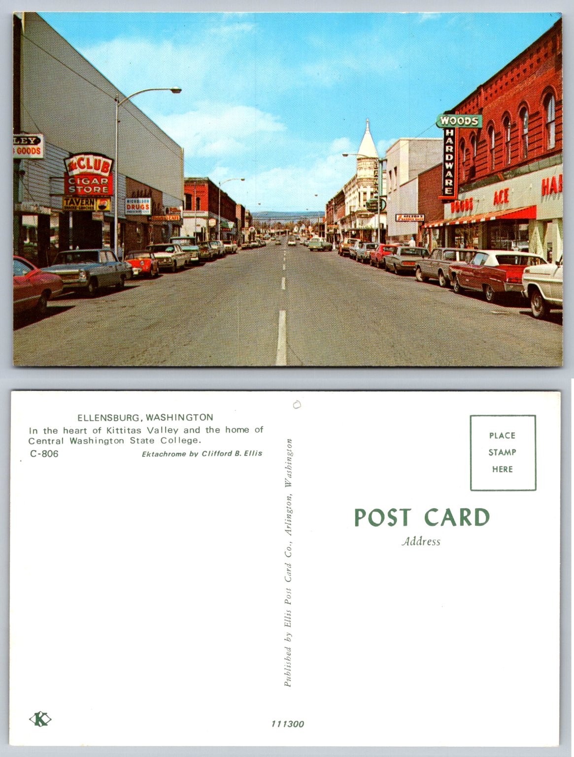 Ellensburg WA Main Street Vintage Cars Club Cigar Store Postcard 1950s-60s
