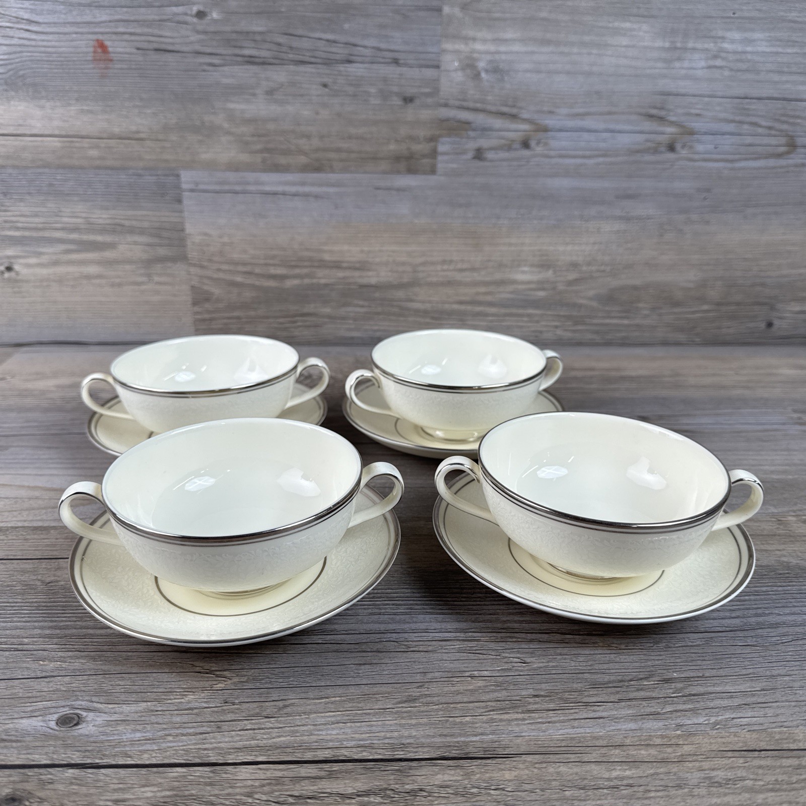 Rare Minton Bridal Veil Bouillon Cream Soup Cup W/Saucer Set Of 4 Bone China