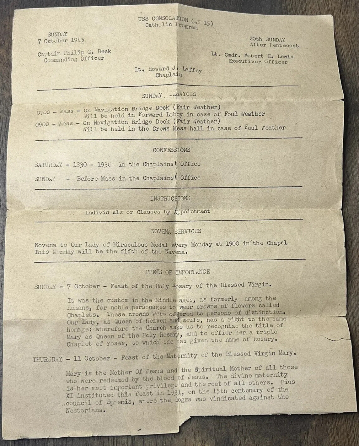 US Navy USS Consolation AH-15 Hospital 7 October 1945 Catholic Program Post WWII