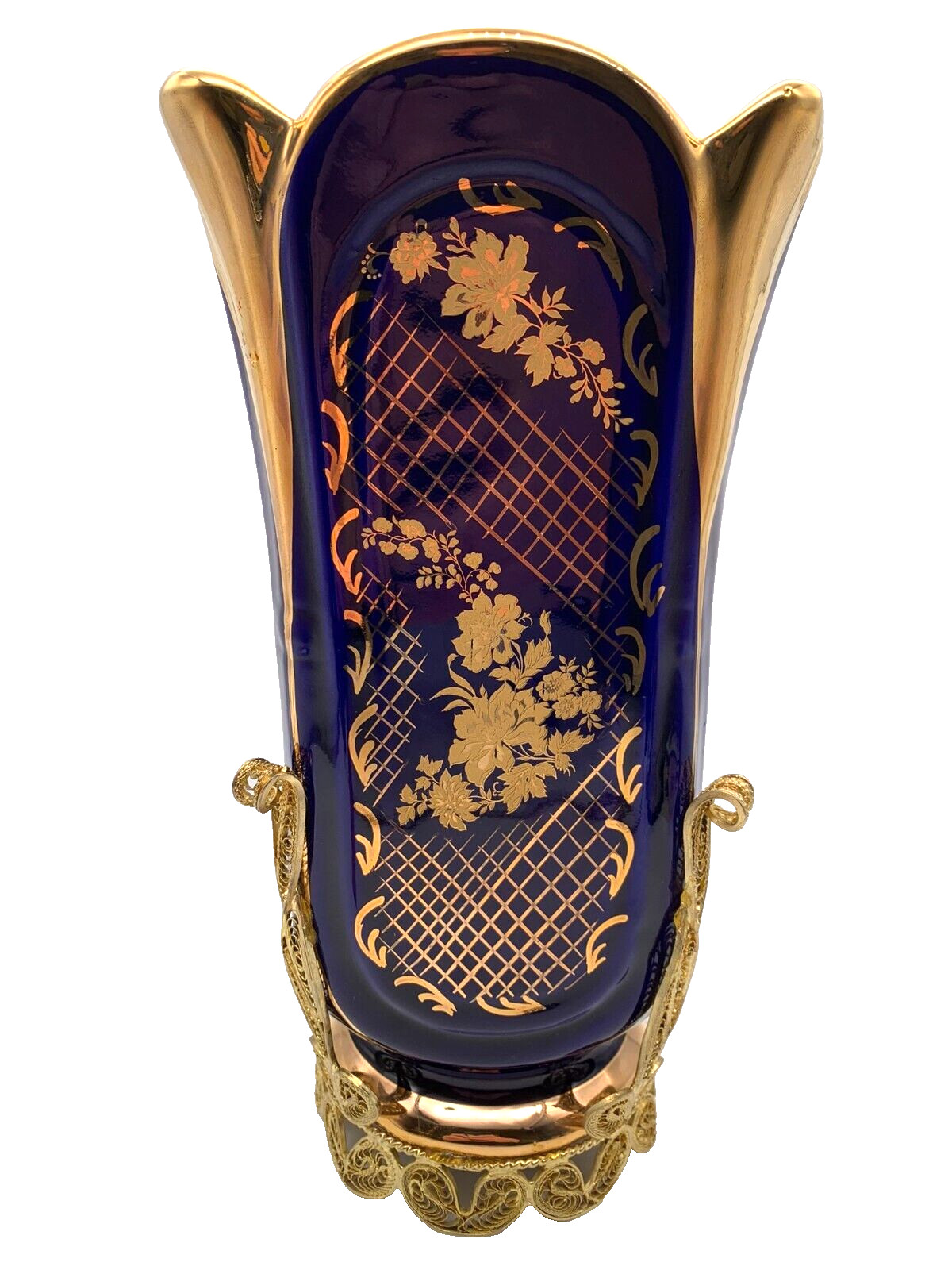 Rare Vtg Baroque Cobalt Blue Gold Gilt Vase Gold Filigree Accent Made in Turkey Rare Vtg Baroque Cobalt Blue Gold Gilt Vase Gold Filigree Accent Made in Turkey