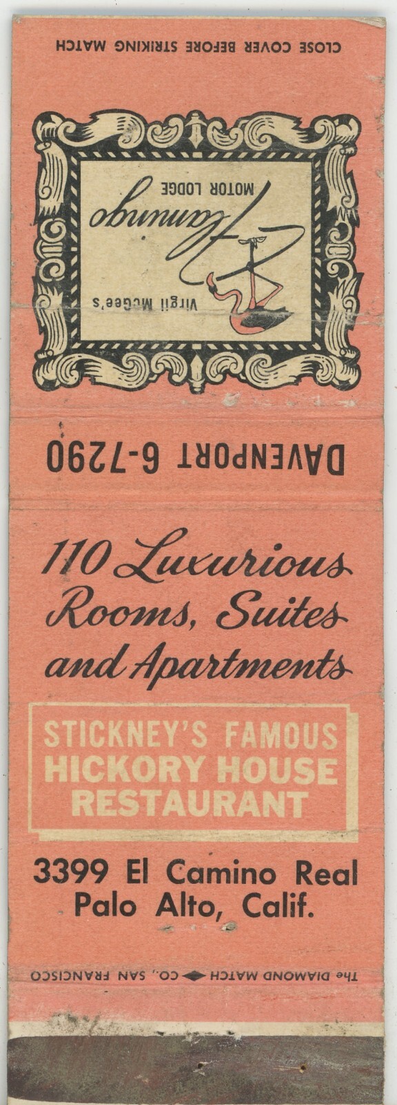 Flamingo STICKNEY'S HICKORY HOUSE RESTAURANT Palo Alto CA Matchbook Cover  D-6