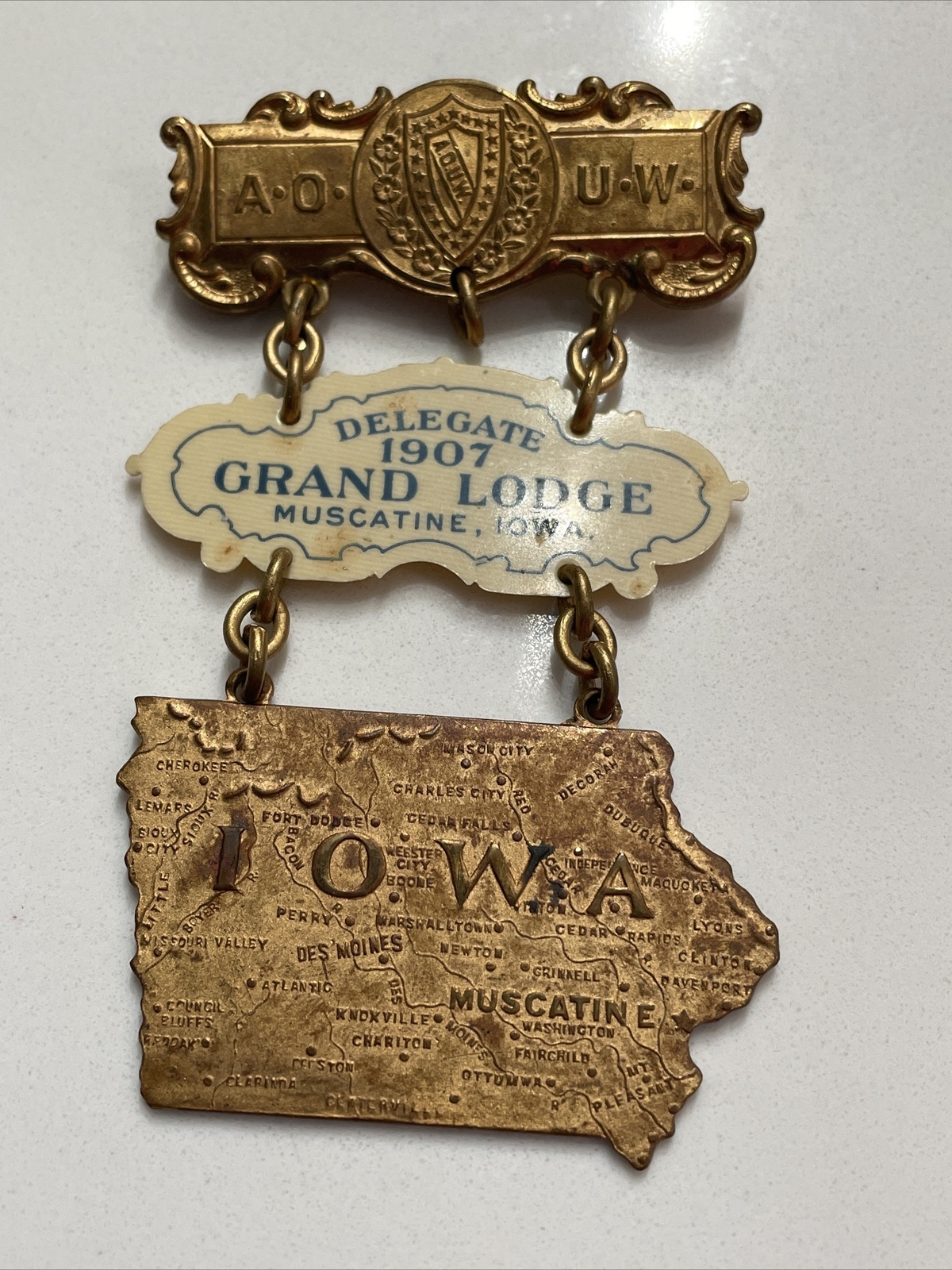 Antique 1907 Delegate AOUW Grand Lodge Badge Muscatine Iowa United Workers