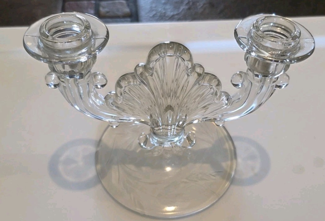 Vintage Cambridge Glass Double Candle Holder Etched Crystal Candelabra 1930s