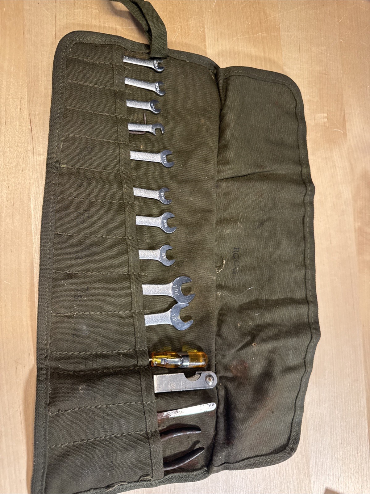 Vintage Giller Meteor Wrench Tool Set Green Canvas Roll-Up Military Bag USA