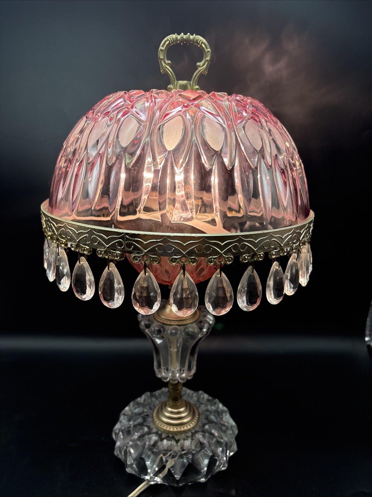 VTG Cranberry Glass Michelotti Boudoir Lamp Made In Holland  Crystal Prisms