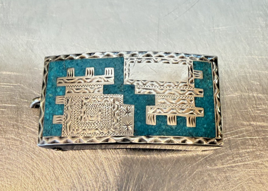 Vintage Plata de Jalisco Sterling Silver & Turquoise Chip Inlay Belt Buckle-925