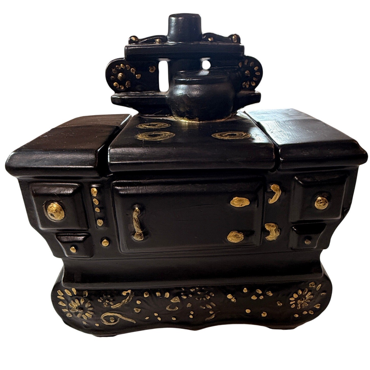 McCoy Cookie Jar Vintage Wood Stove Black Gold Ceramic Made in USA Pottery