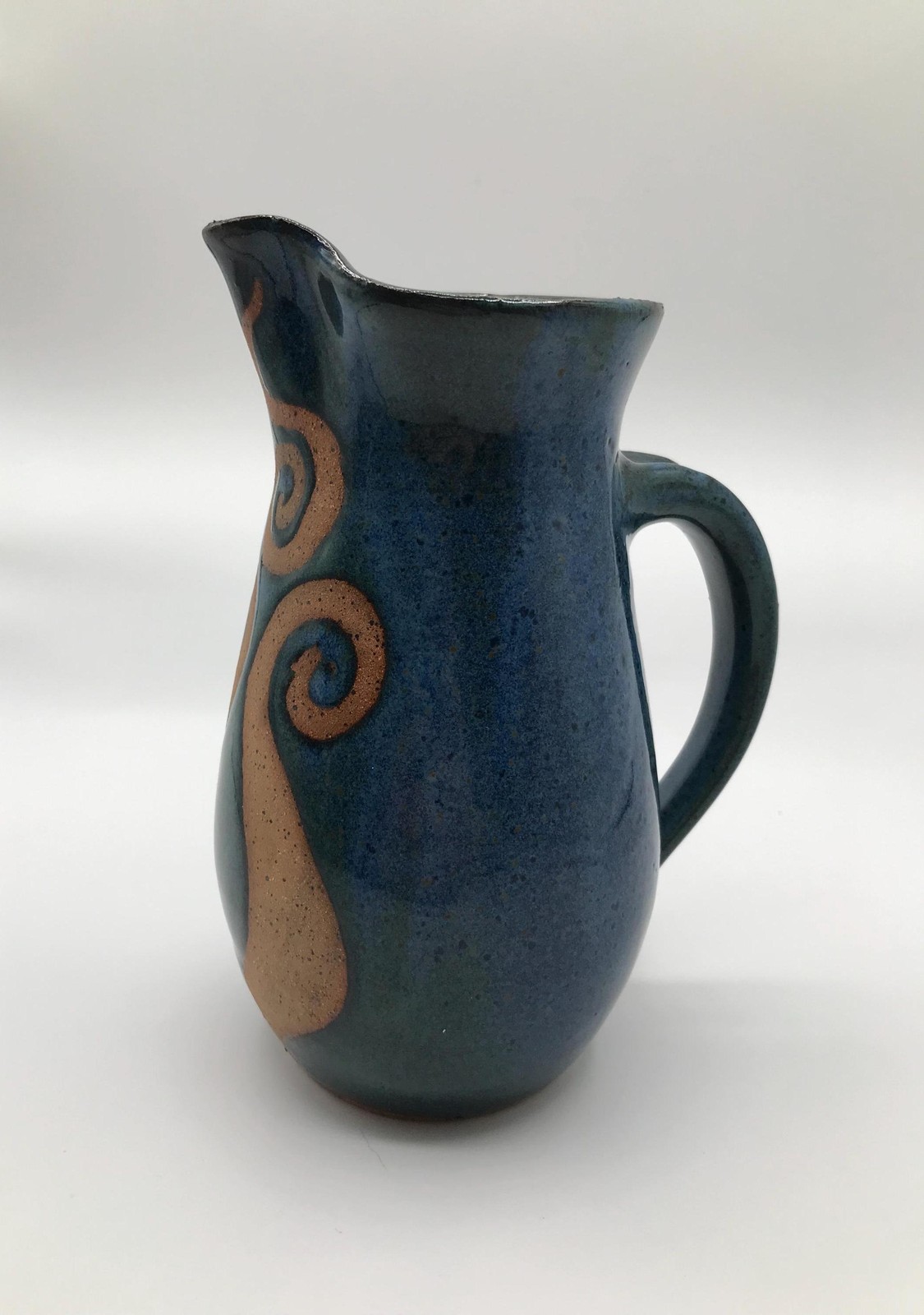 Handmade Pottery Pitcher Signed with Blue Glaze and Unique Unglazed Design