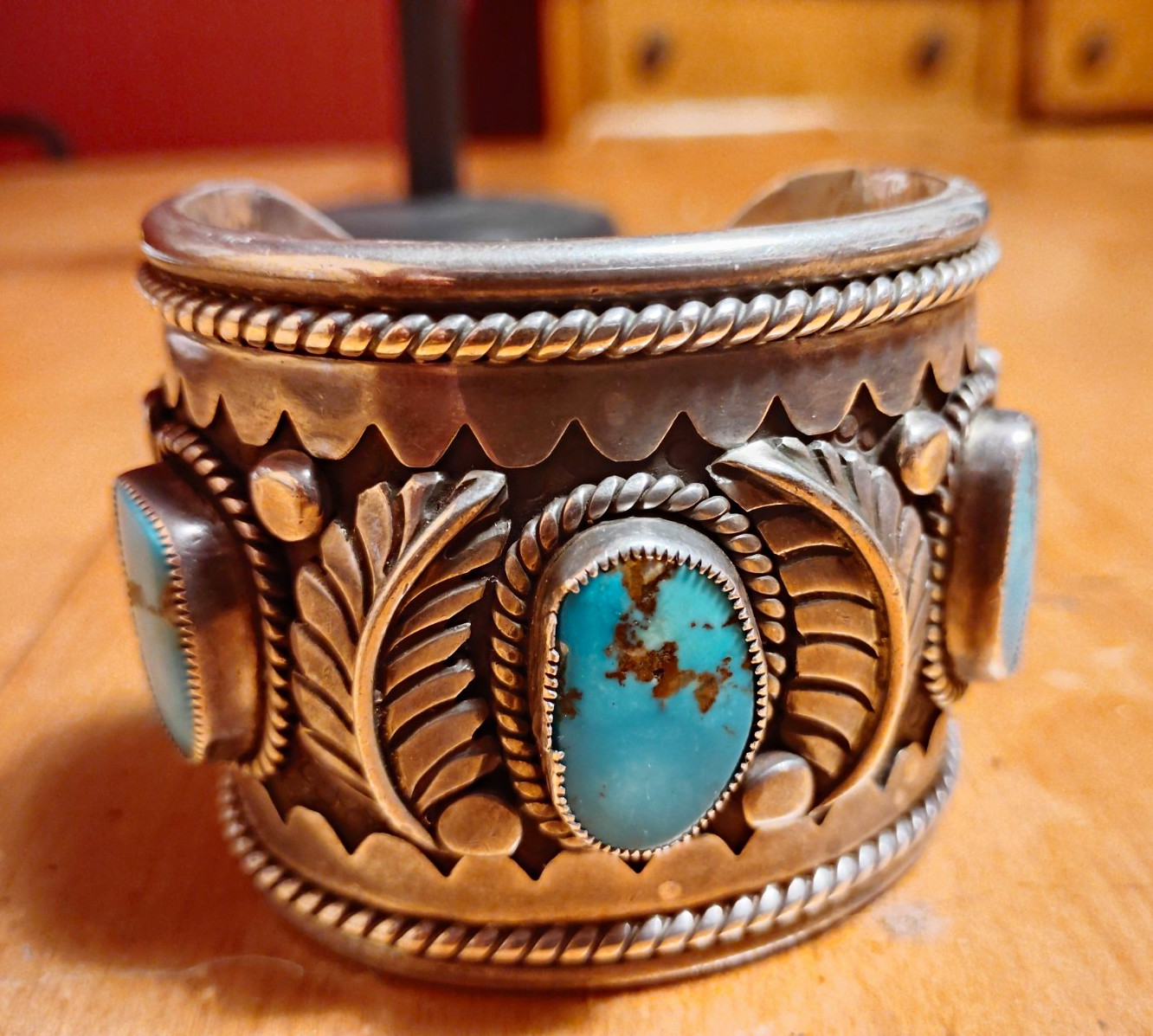 FR Signed Sterling Silver Turquoise Wide Cuff Bracelet Native American US 208G
