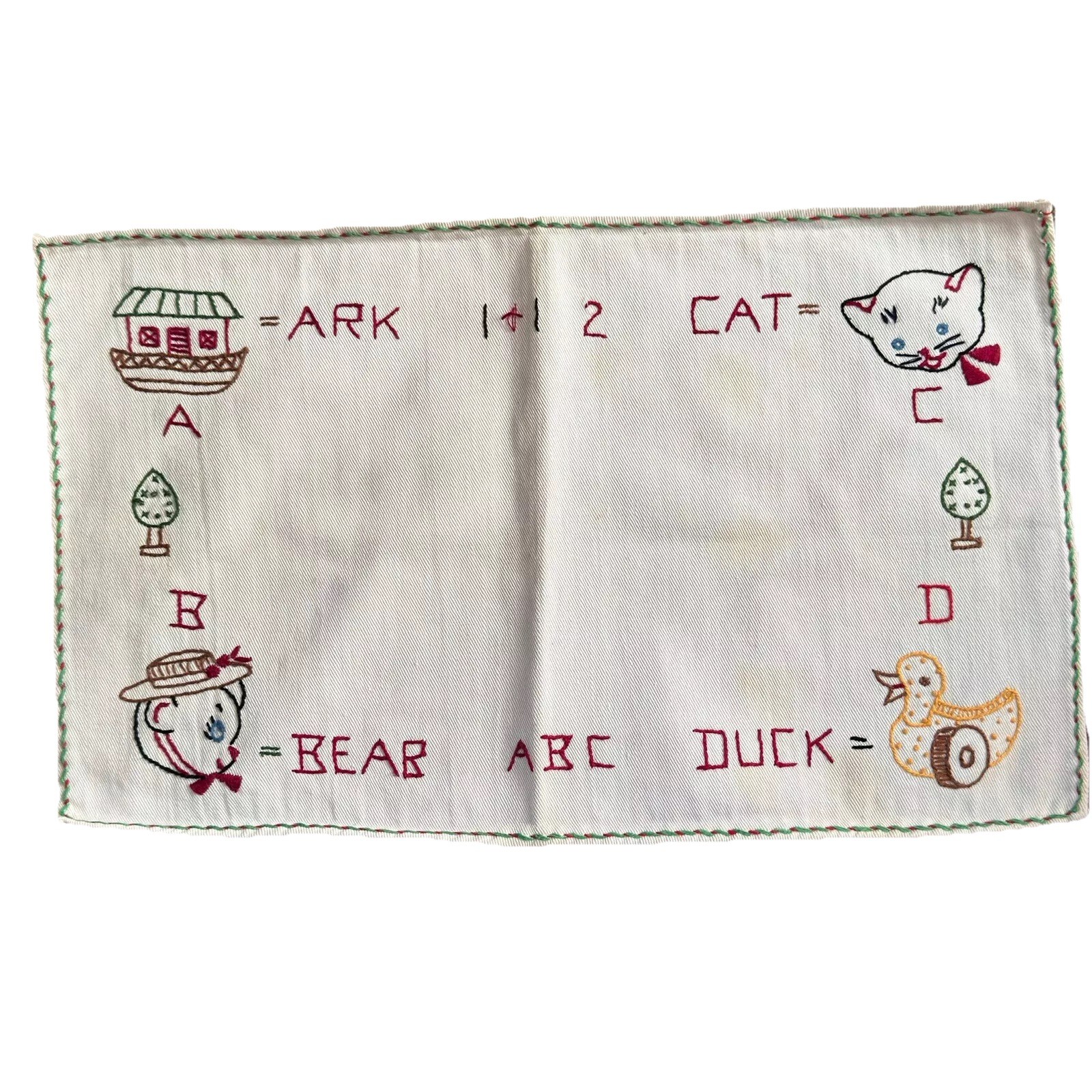 VTG 1950s Handmade Embroidered Child Baby Placemat ABC’s 16.75 X 10”