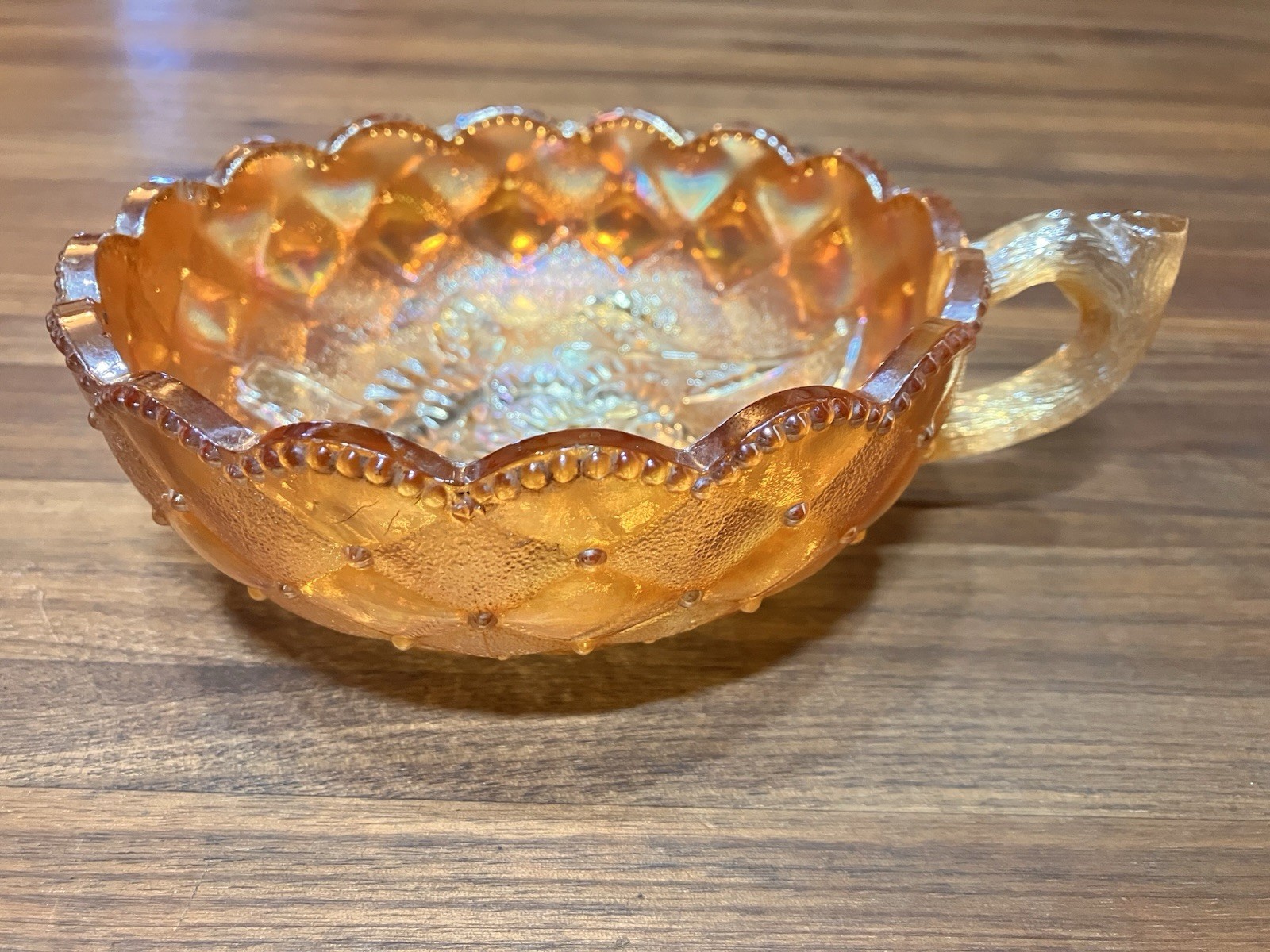 Imperial Carnival Glass Pansy Iridescent Marigold Handled Quilted Nappy Bowl VTG