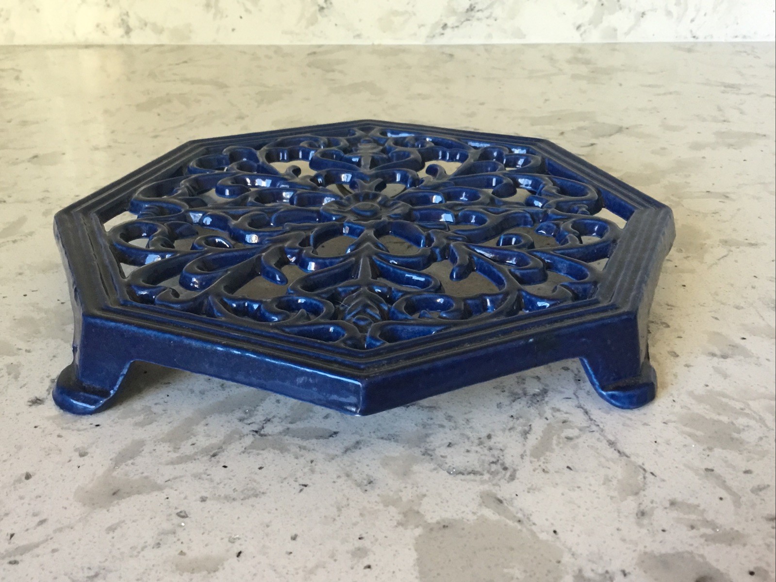 Cast Iron Trivet Cobalt Blue Octagonal Footed 7\ Cast Iron Trivet Cobalt Blue Octagonal Footed 7\