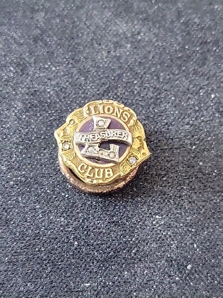 10k Yellow Gold & Enamel Lions Club Treasurer Screwback Pin Pearls gems 2 Grams