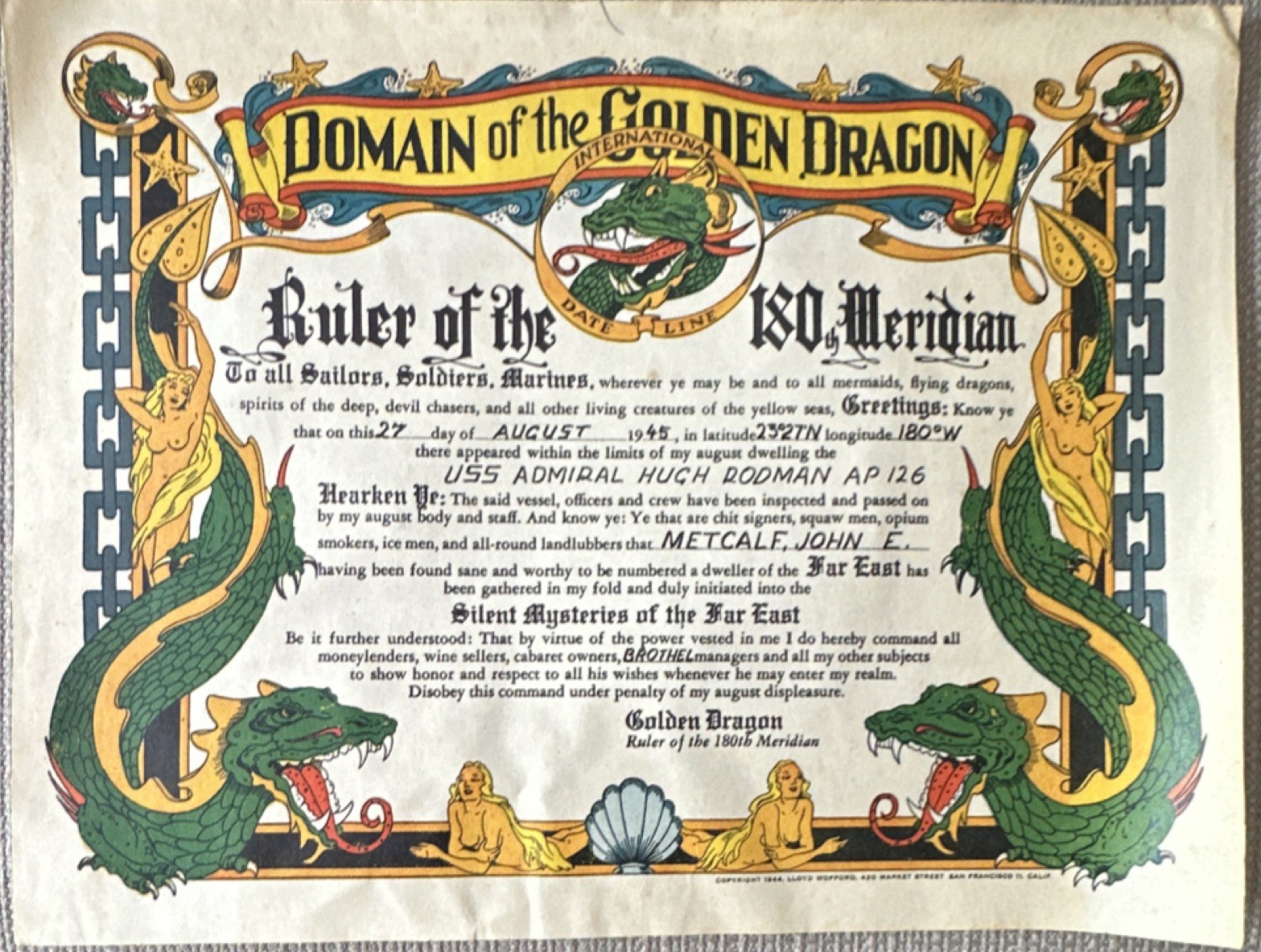 Original WWII 1945 Domain Of The Golden Dragon Certificate USS Admiral Rodman
