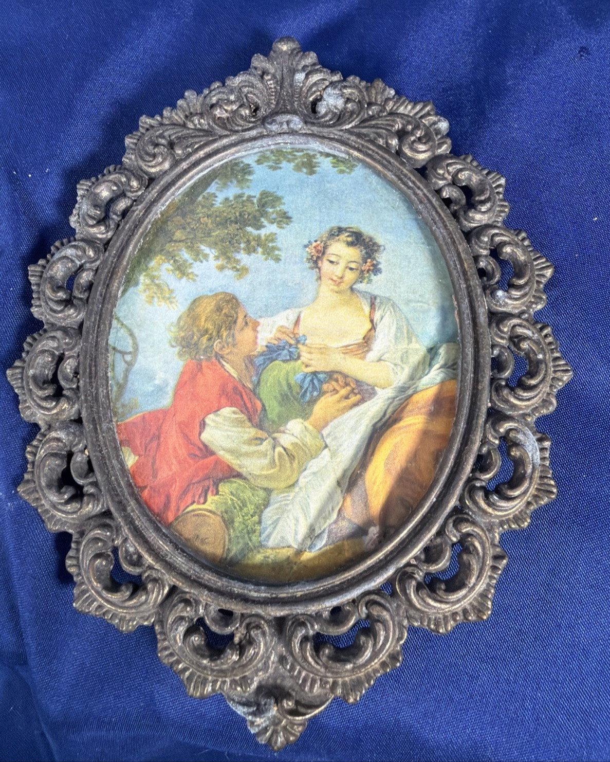 Vintage Courting Italian Miniature Print Ornate Brass Oval Frame Convex Glass