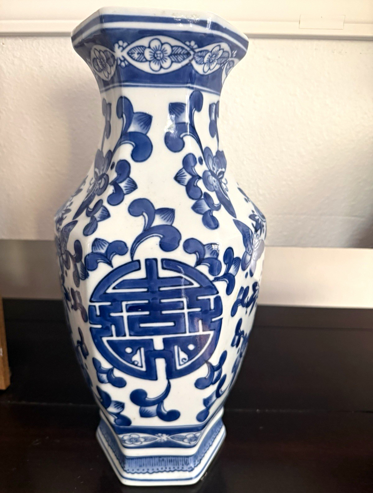 Blue & White Floral Hexagonal Porcelain Vase, Asian, Glazed, Made in China