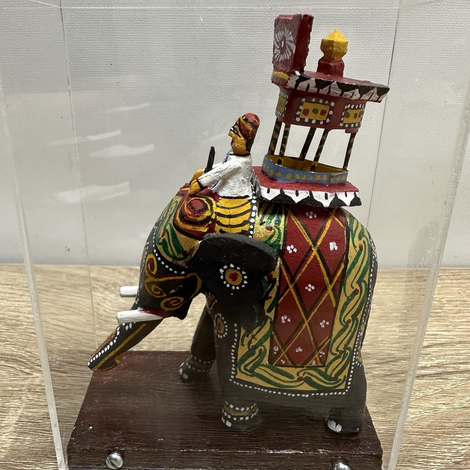 Vintage Kondapalli Wooden Elephant Howdah Rider Figurine Indian Acrylic Case Vintage Kondapalli Wooden Elephant Howdah Rider Figurine Indian Acrylic Case