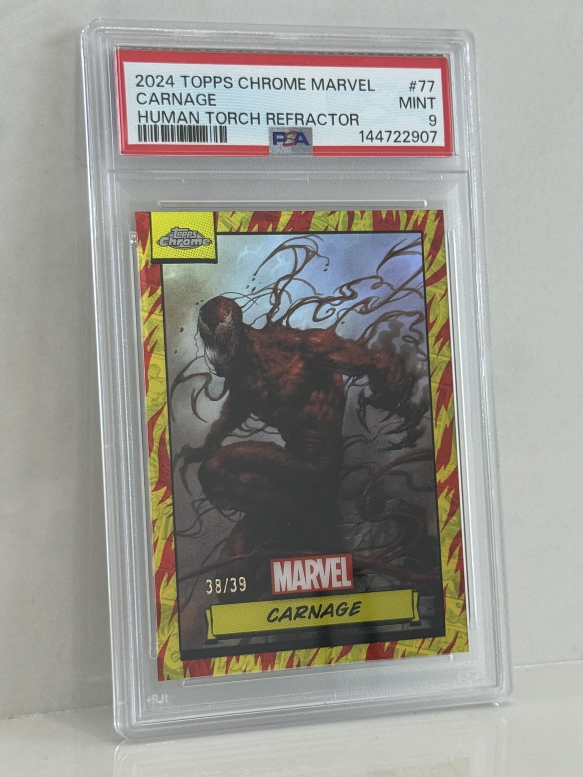 2024 Topps Chrome MArvel Carnage #77 Human Torch /39 PSA 9