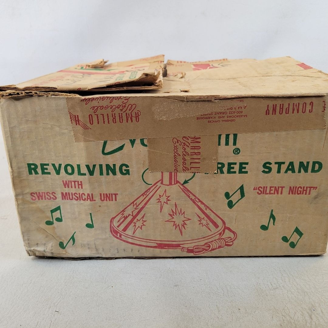 Vintage Evergleam Revolving Musical Christmas Tree Stand Silent Night Orig Box