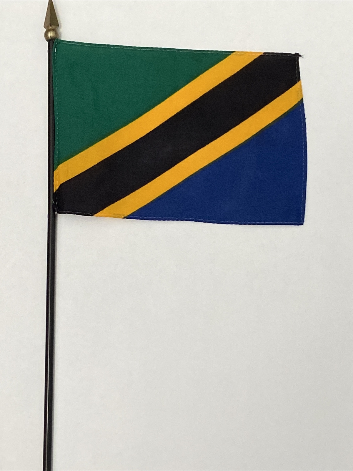 New Tanzania Mini Desk Flag - Black Wood Stick Gold Top 4” X 6”