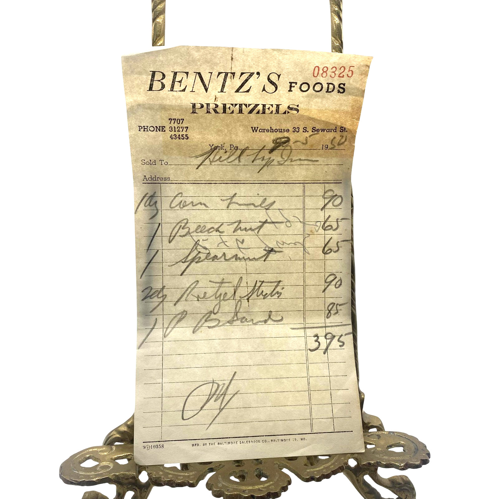 Vintage Bentz\'s Foods Pretzels Sales Receipt 1950 York PA Beige Original Bakery