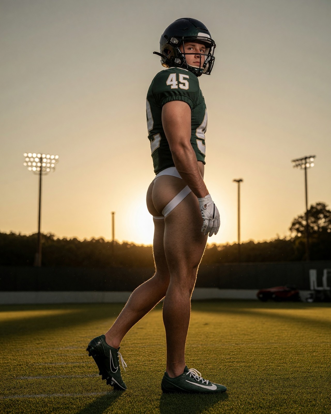 Gay Interest Male White Football Uniform Posing Pouch Beefcake Physique M007930