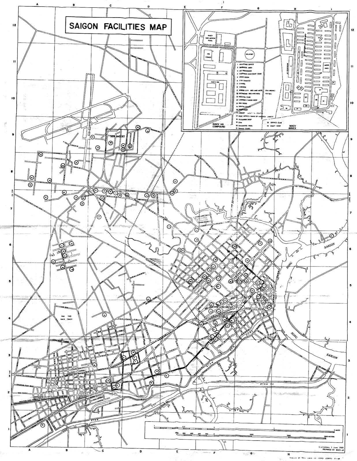 Saigon Facilities Map - reprint of 1960s era military map MACV W1 Saigon Facilities Map - reprint of 1960s era military map MACV W1