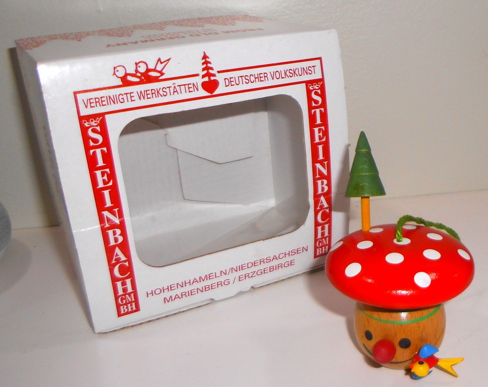 Vintage Steinbach Wooden Mushroom Man Bird Tree Christmas Ornament Germany + Box