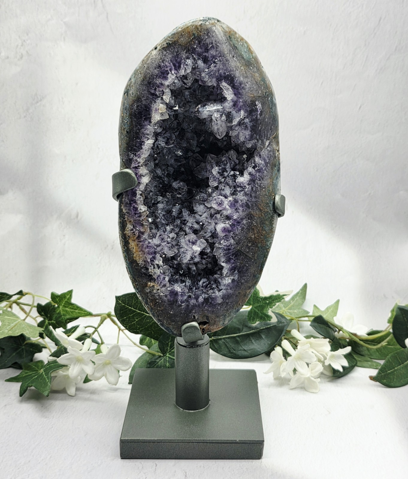 Uruguay Amethyst Clear Quartz Agate Geode 4LB Crystal Cluster on Rotating Stand