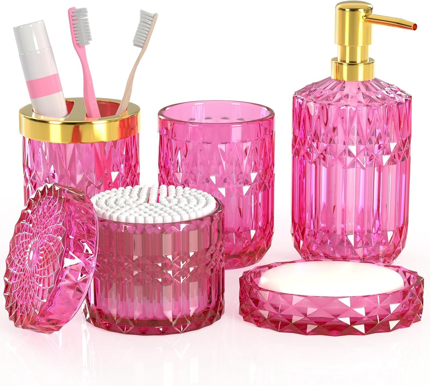 Hot-Pink Glass Bathroom Accessories Set 5 Pcs, Hot-Pink Bathroom Set, Soap .....