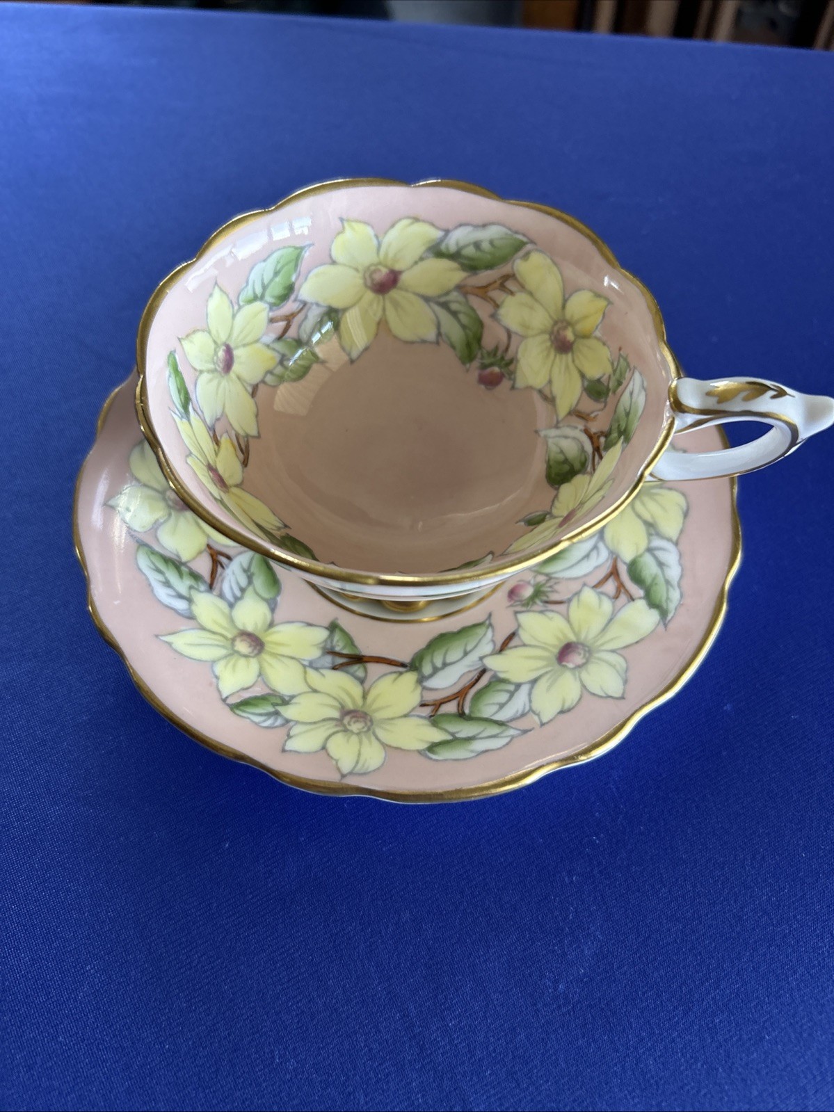 Royal Stafford Dogwood  Teacup & Saucer-Pinky Peach Yellow Flowers Gold Footed