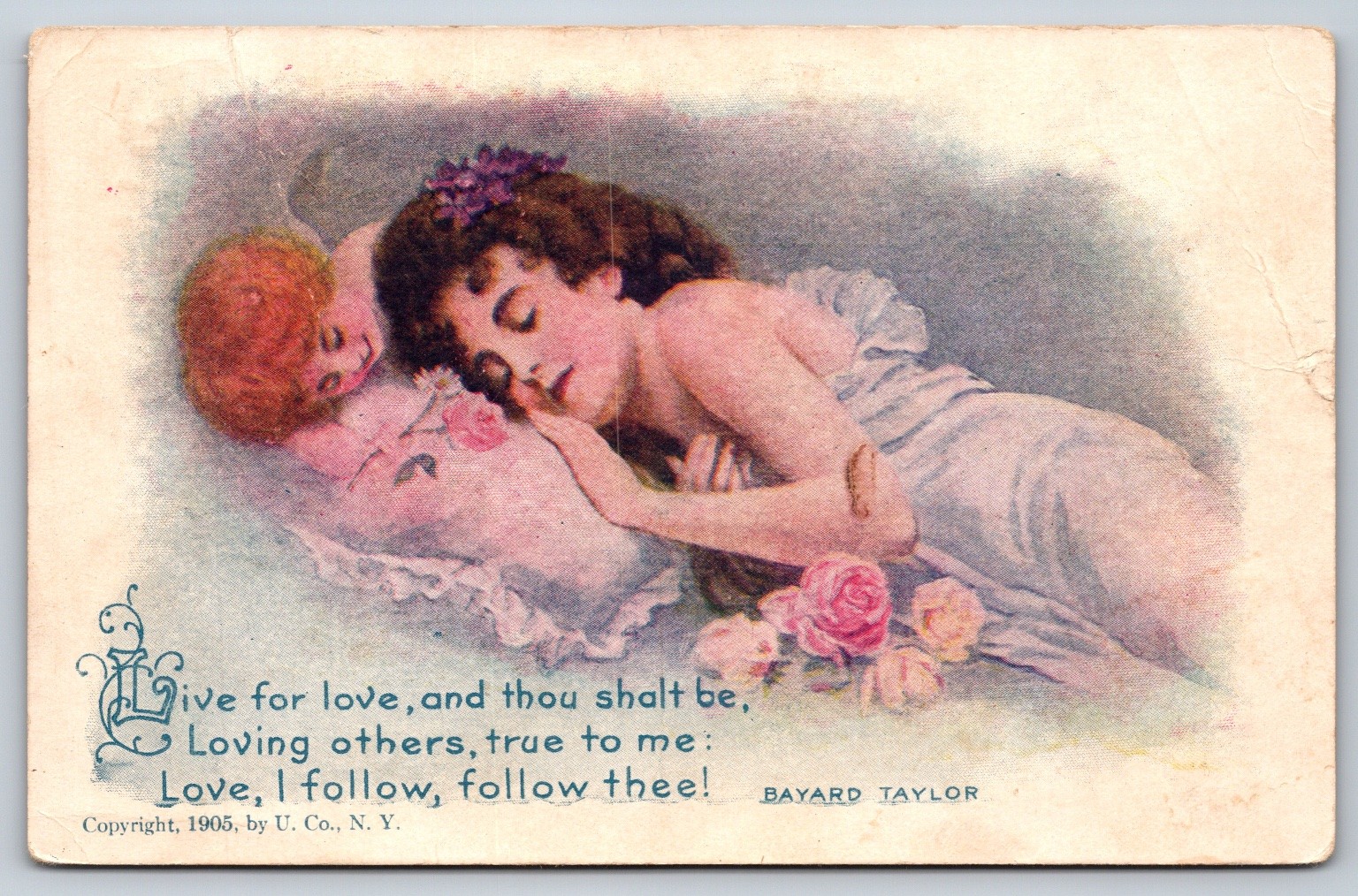 1905 Romantic Woman & Child Sleeping Postcard Bayard Taylor Quote