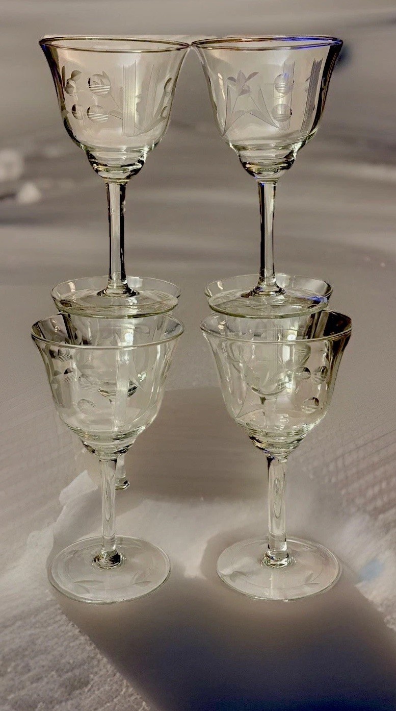 Set of 6 TIFFIN ART NOUVEAU/ART DECO HYBRID Gray-Cut, Etched Crystal Cocktail