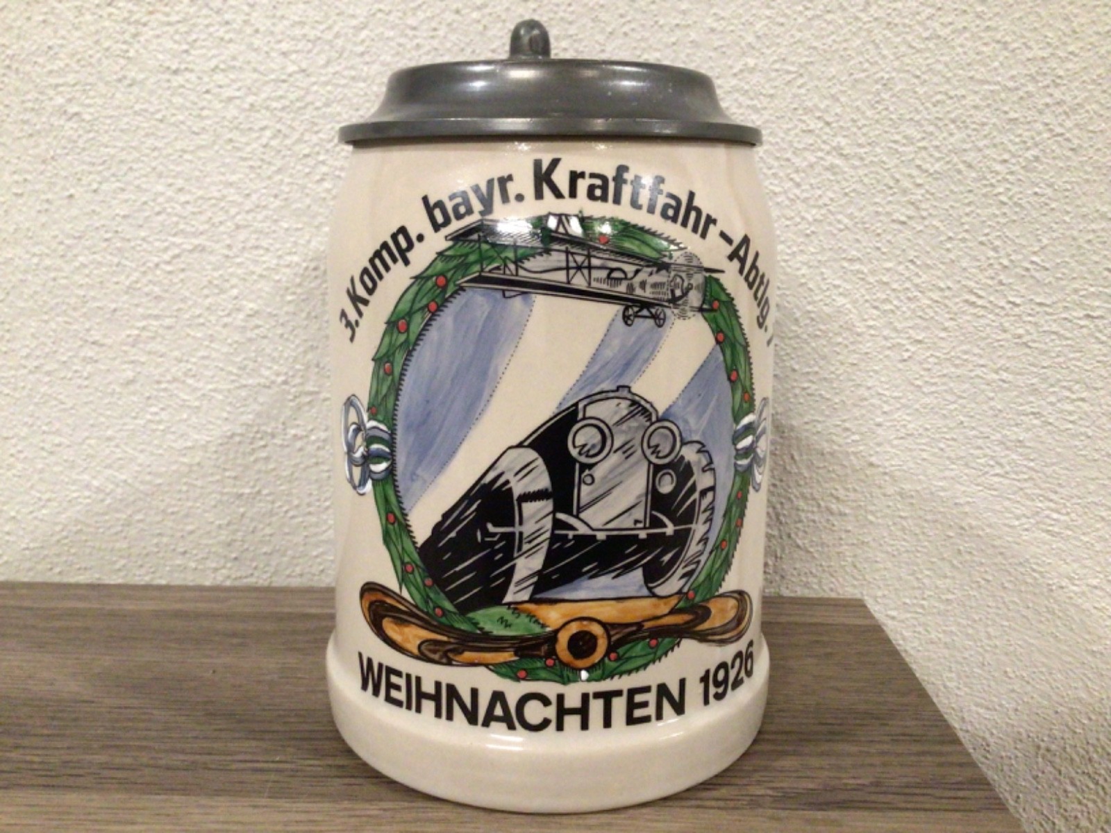Original German Regimental Bavarian Motor Transport Stein W/Embossed Lid