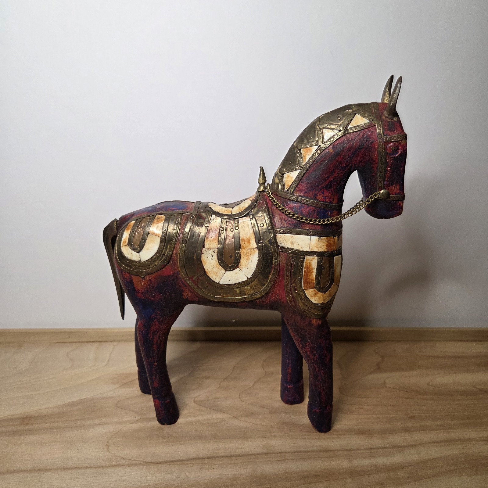 Vintage Wooden Armored Horse Hammered Copper Brass Inlay Folk Art India Wooden