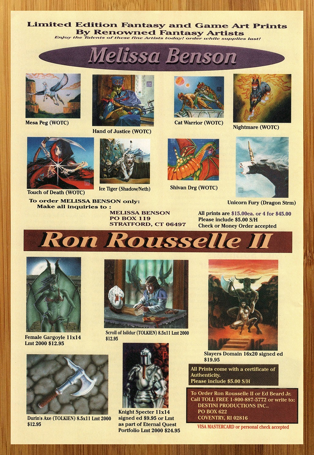 1996 Melissa Benson/Ron Rousselle II Fantasy Art Print Ad/Poster CCG TCG Cards