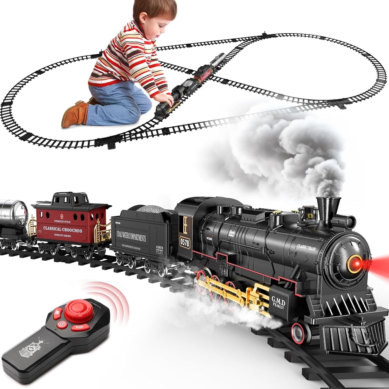 RC Train Set for Kids, Alloy Steam Locomotive with Cars and Tracks | Train Set f