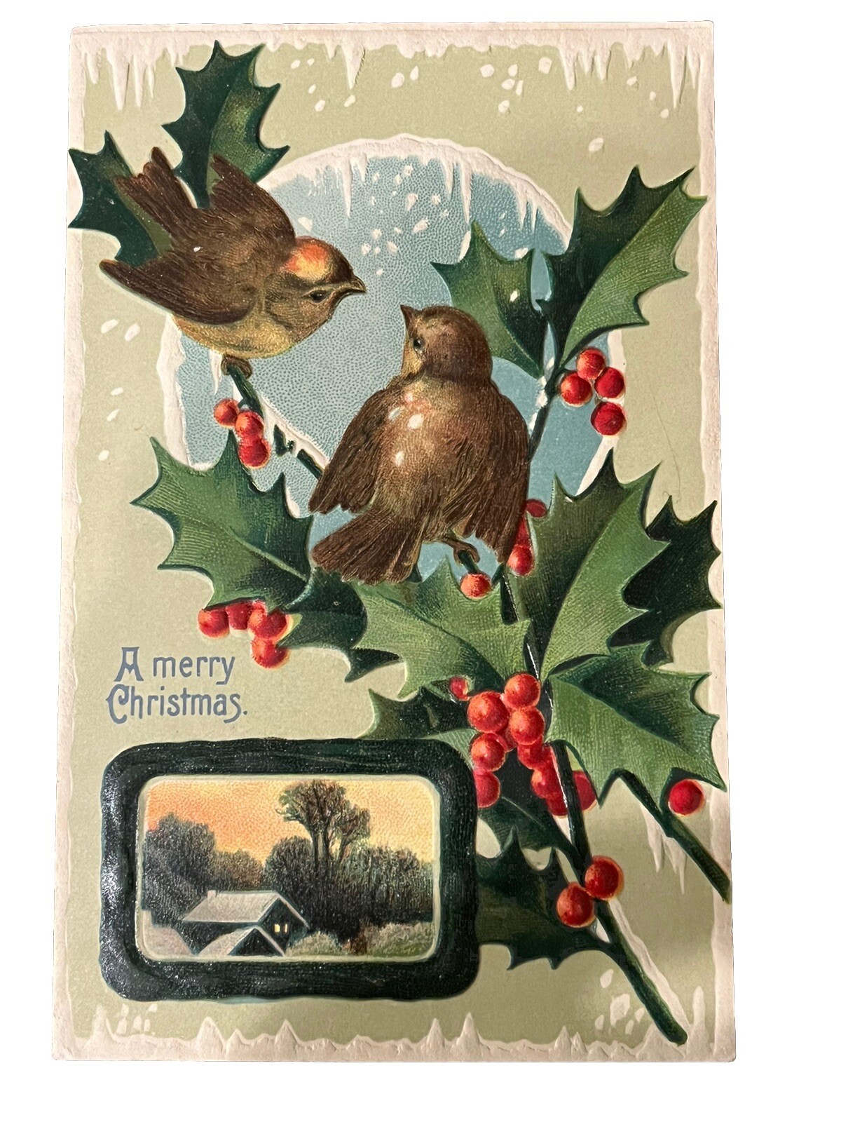 Vintage A Merry Christmas Embossed Birds in Snow Holly Postcard Colorful Germany Vintage A Merry Christmas Embossed Birds in Snow Holly Postcard Colorful Germany