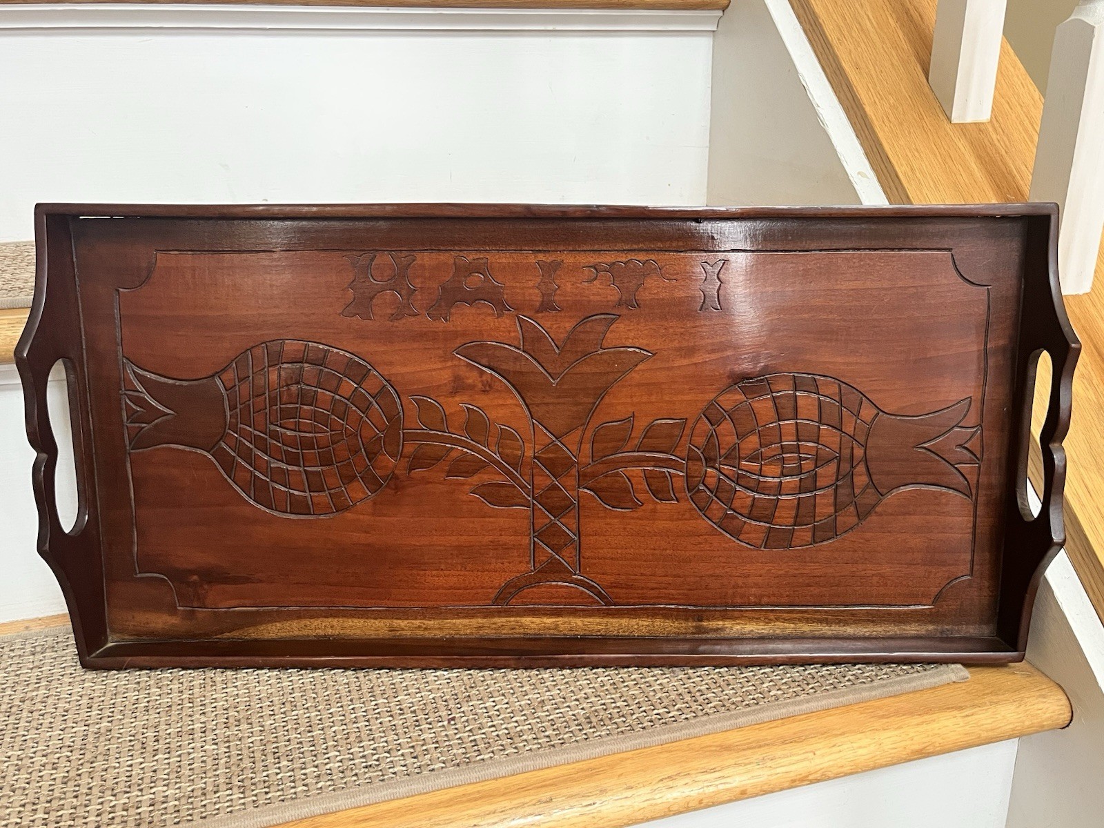 Vintage Gorgeous Ornate Haiti Hand Carved Wooden Serving Tray 21” x 10” x 2.5