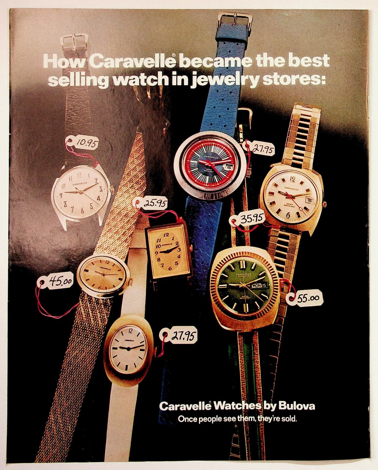 Vintage 1960s Caravelle Watches by Bulova Magazine Ad Ephemera Print